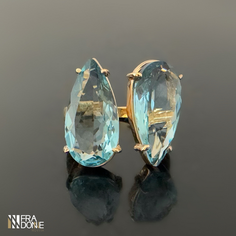 Anel Orgânico, Cristal Azul Celeste, Banho a Ouro 18k