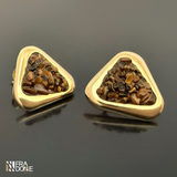 Brincos Geometrico com Pedras Naturais, Olho de Tigre, Banho a Ouro 18k