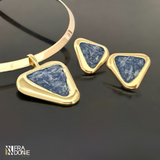 Brincos Geometrico com Pedras Naturais, Cianita Azul, Banho a Ouro 18k