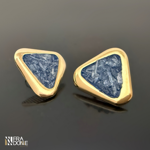 Brincos Geometrico com Pedras Naturais, Cianita Azul, Banho a Ouro 18k