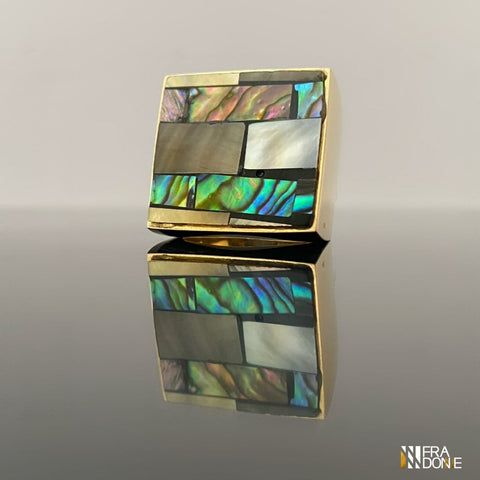 Anel mosaico abalone, banho a ouro 18k