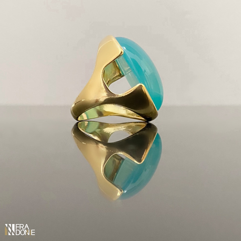 Anel com Pedra Natural, Ágata Azul Céu, Banho a Ouro 18k
