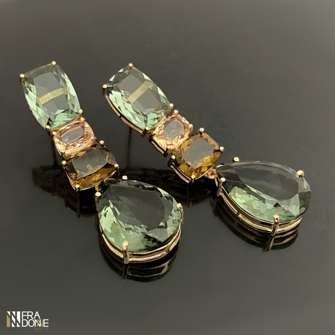 Brincos com cristais lapidados e pendentes removíveis, banho a ouro 18k