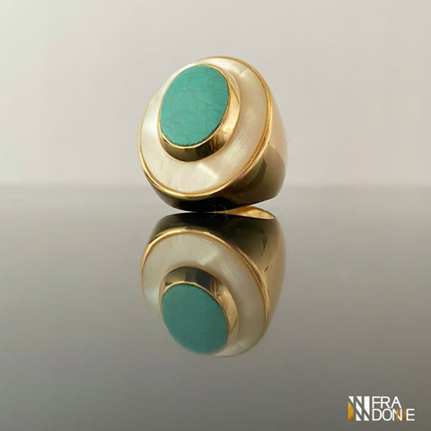 Anel de madrepérola com pedra natural de turquesa azul, banho a ouro 18k